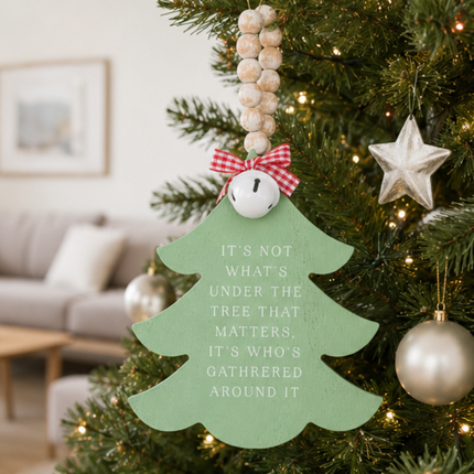 Green Wooden Christmas Tree Hanging Decor With Wood Beads & Bell - For family