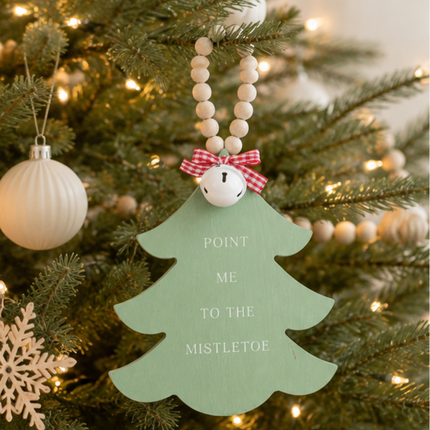 Green Wooden Christmas Tree Hanging Decor With Wood Beads & Bell - Point me to the milestone