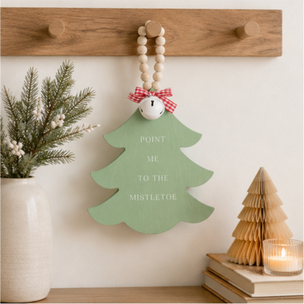 Green Wooden Christmas Tree Hanging Decor With Wood Beads & Bell - Point me to the milestone