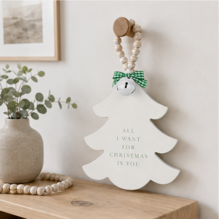 White Wooden Christmas Tree Hanging Decor With Wood Beads & Bell - For you