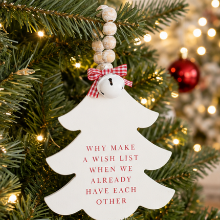 White Wooden Christmas Tree Hanging Decor With Wood Beads & Bell - For us