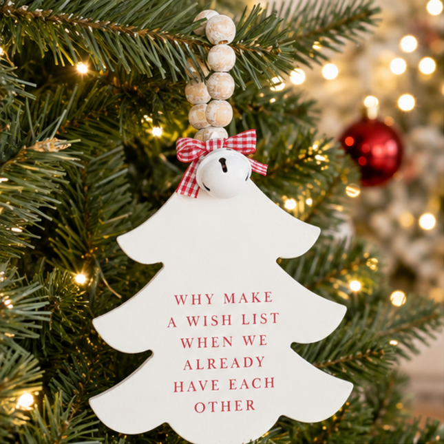 White Wooden Christmas Tree Hanging Decor With Wood Beads & Bell - For us