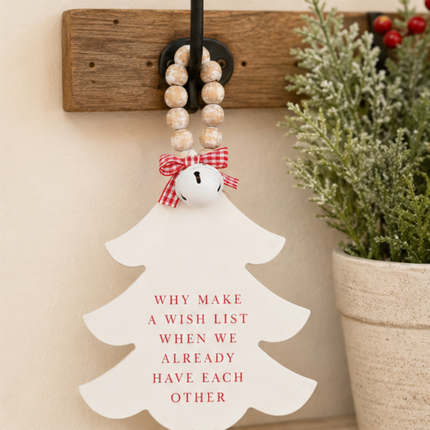 White Wooden Christmas Tree Hanging Decor With Wood Beads & Bell - For us