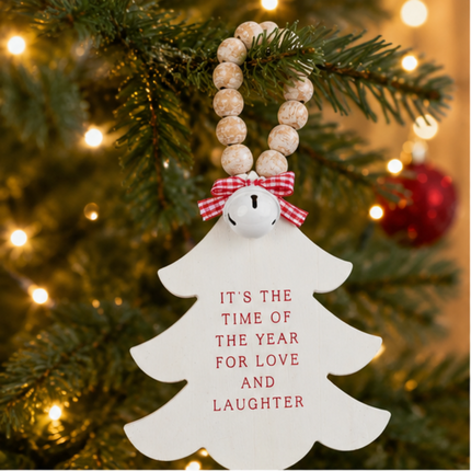 White Wooden Christmas Tree Hanging Decor With Wood Beads & Bell - Love