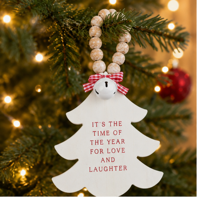 White Wooden Christmas Tree Hanging Decor With Wood Beads & Bell - Love