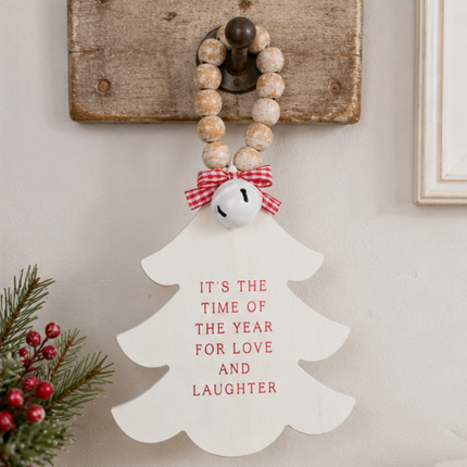 White Wooden Christmas Tree Hanging Decor With Wood Beads & Bell - Love