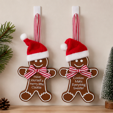 GINGERBREAD HANGING WITH CHRISTMAS HAT 2 ASST