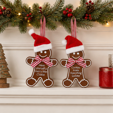 GINGERBREAD HANGING WITH CHRISTMAS HAT 2 ASST