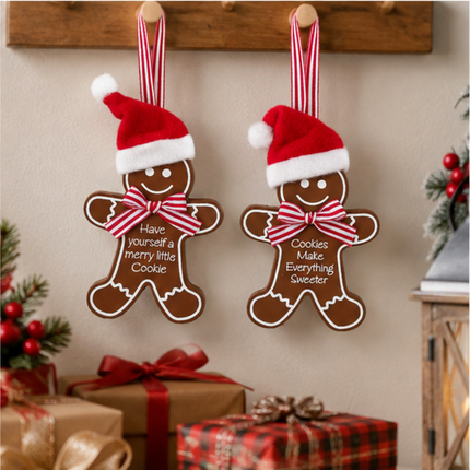 GINGERBREAD HANGING WITH CHRISTMAS HAT 2 ASST