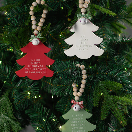 White Wooden Christmas Tree Hanging Decor With Wood Beads & Bell - Love
