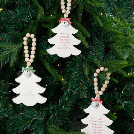 White Wooden Christmas Tree Hanging Decor With Wood Beads & Bell - Love