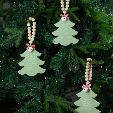 Green Wooden Christmas Tree Hanging Decor With Wood Beads & Bell - For friends