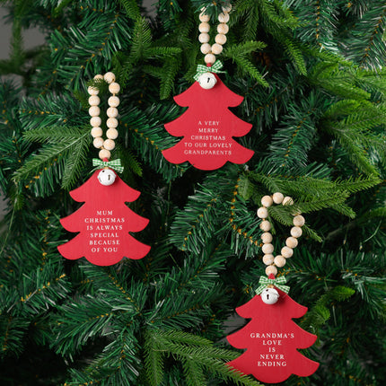 Red Wooden Christmas Tree Hanging Decor With Wood Beads & Bell - For mum