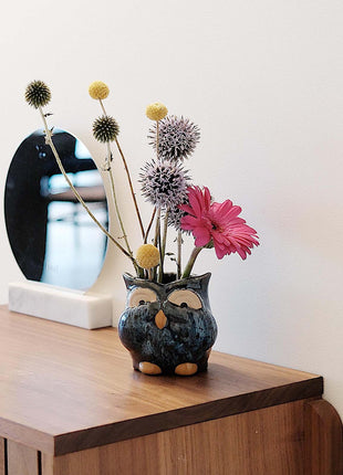 Owl Ceramic Bud Vase - Blue Animal Figure Desk Decor