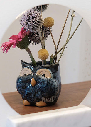 Owl Ceramic Bud Vase - Blue Animal Figure Desk Decor