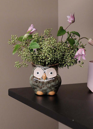 Owl Ceramic Bud Vase - Green Animal Figure Desk Decor