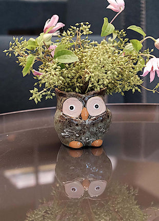 Owl Ceramic Bud Vase - Green Animal Figure Desk Decor