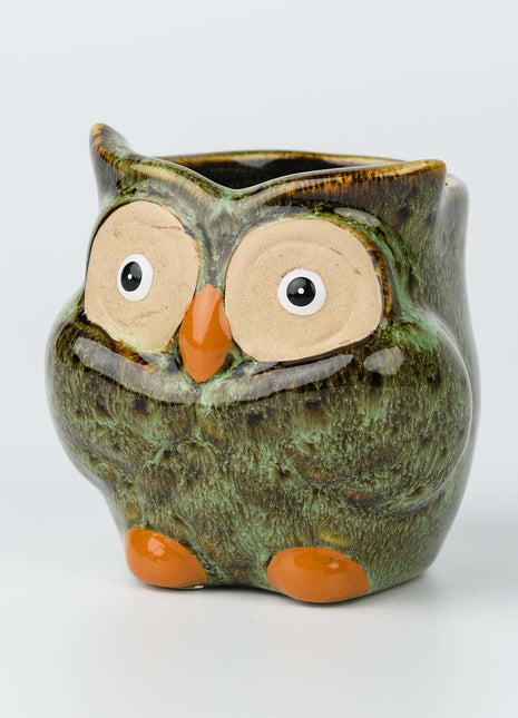 Owl Ceramic Bud Vase - Green Animal Figure Desk Decor