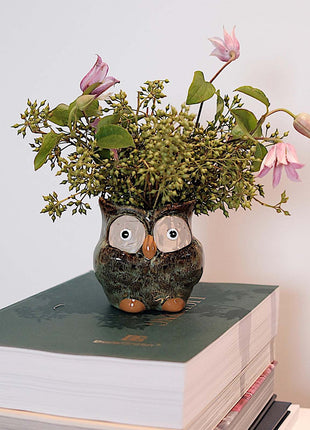 Owl Ceramic Bud Vase - Green Animal Figure Desk Decor