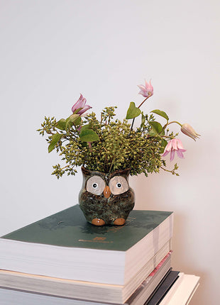 Owl Ceramic Bud Vase - Green Animal Figure Desk Decor