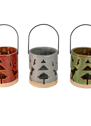 Ceramic Deer Candle Holder Set of 3 – Rustic Christmas Lantern Décor