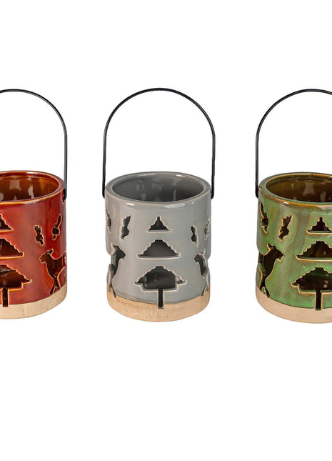 Ceramic Deer Candle Holder Set of 3 – Rustic Christmas Lantern Décor