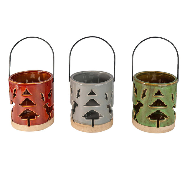 Ceramic Deer Candle Holder Set of 3 – Rustic Christmas Lantern Décor