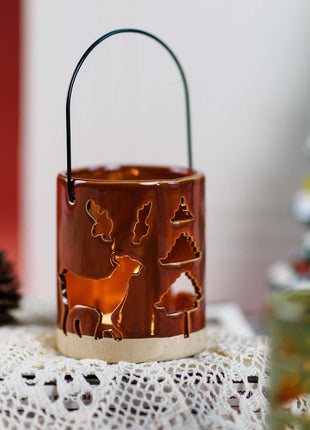 Ceramic Deer Candle Holder Set of 3 – Rustic Christmas Lantern Décor