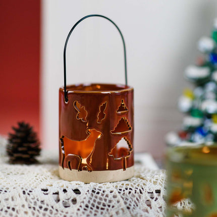 Ceramic Deer Candle Holder Set of 3 – Rustic Christmas Lantern Décor