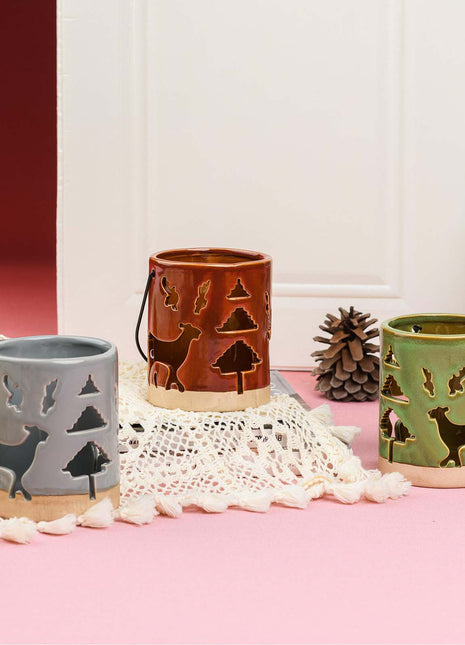Ceramic Deer Candle Holder Set of 3 – Rustic Christmas Lantern Décor