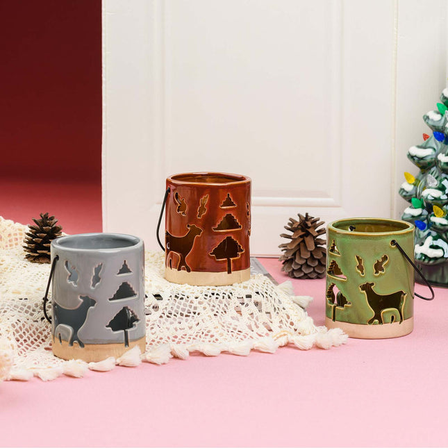 Ceramic Deer Candle Holder Set of 3 – Rustic Christmas Lantern Décor