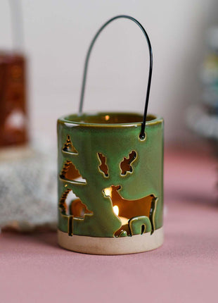 Ceramic Deer Candle Holder Set of 3 – Rustic Christmas Lantern Décor