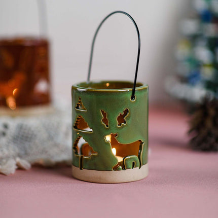 Ceramic Deer Candle Holder Set of 3 – Rustic Christmas Lantern Décor