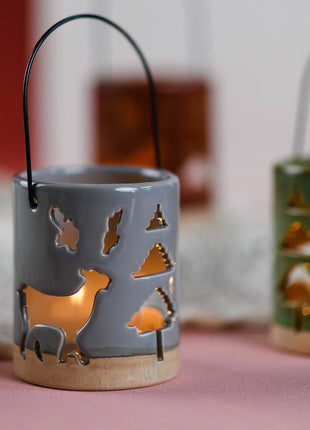 Ceramic Deer Candle Holder Set of 3 – Rustic Christmas Lantern Décor