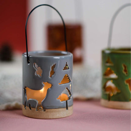 Ceramic Deer Candle Holder Set of 3 – Rustic Christmas Lantern Décor