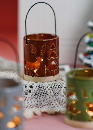 Ceramic Deer Candle Holder Set of 3 – Rustic Christmas Lantern Décor