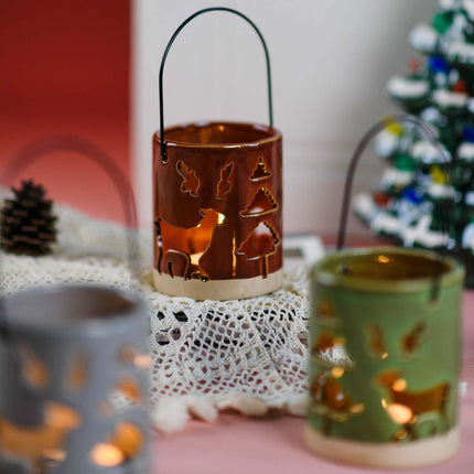 Ceramic Deer Candle Holder Set of 3 – Rustic Christmas Lantern Décor