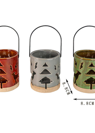 Ceramic Deer Candle Holder Set of 3 – Rustic Christmas Lantern Décor