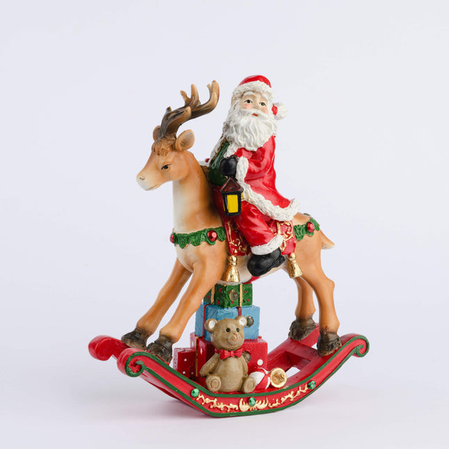 POLYRESIN SANTA ON DEER WITH LED LIGHT