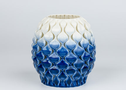 TWO-TONE WHITE-BLUE SHINY GLAZED SHORT CERAMIC VASE