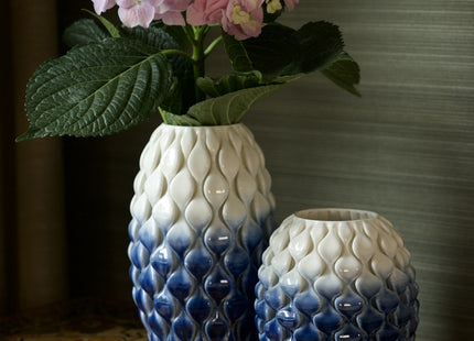 TWO-TONE WHITE-BLUE SHINY GLAZED SHORT CERAMIC VASE