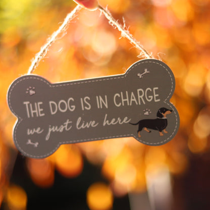 JX118 | The Dog Is in Charge Wood Decor | Bone-Shaped Hanging Plaque | Dachshund Design