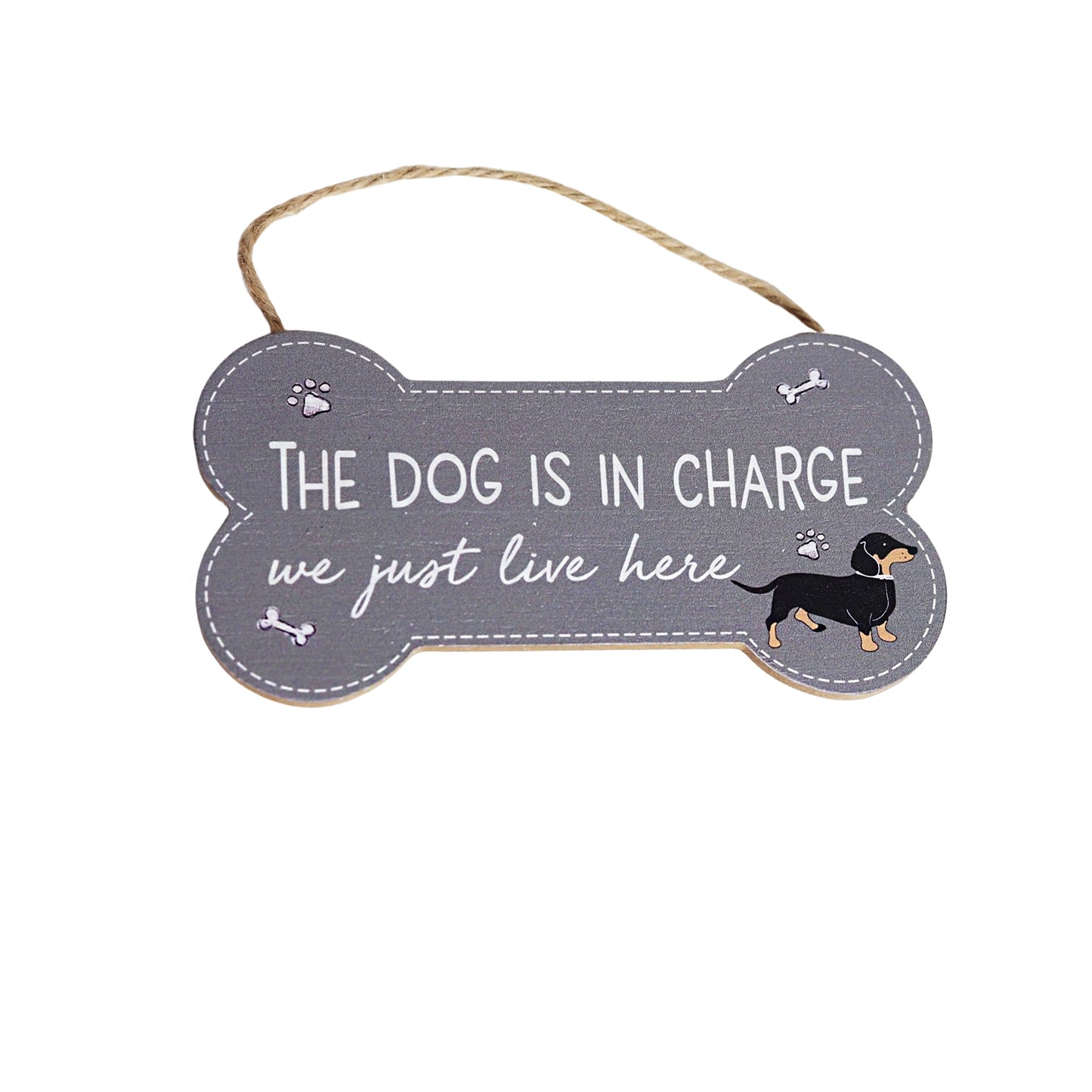 JX118 | The Dog Is in Charge Wood Decor | Bone-Shaped Hanging Plaque | Dachshund Design