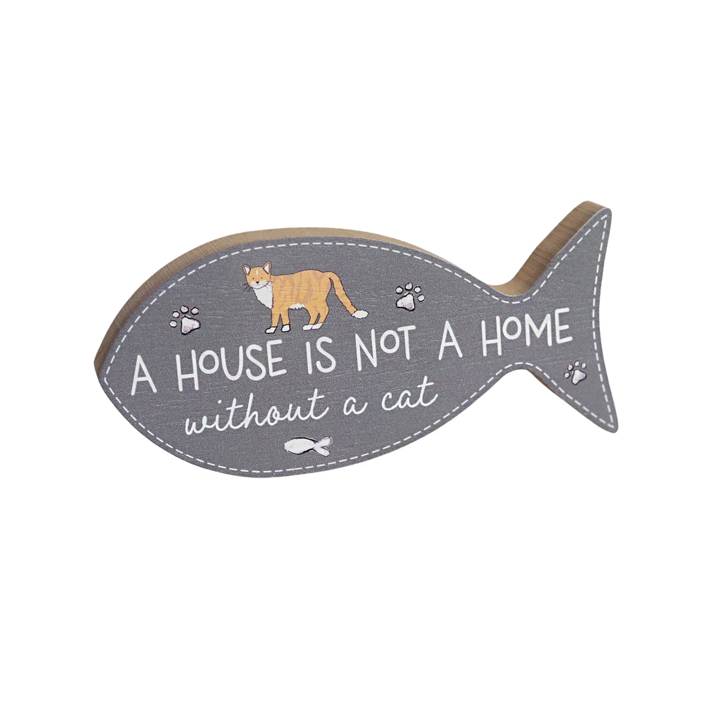 JX121 |  GiftA House Is Not a Home Without a Cat Wood Decor | Fish-Shaped Hanging Plaque | Cat Illustration | 14.5x1.8x6.7cm