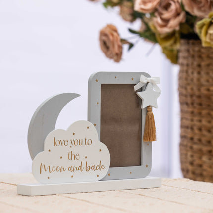 4x3 Wooden Baby Photo Frame with Cloud, Moon, and Star Decorations - Cute Home Decor for Nursery or Baby Room