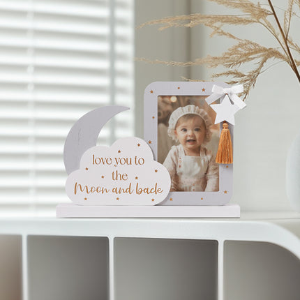 4x3 Wooden Baby Photo Frame with Cloud, Moon, and Star Decorations - Cute Home Decor for Nursery or Baby Room