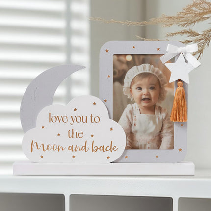 4x3 Wooden Baby Photo Frame with Cloud, Moon, and Star Decorations - Cute Home Decor for Nursery or Baby Room
