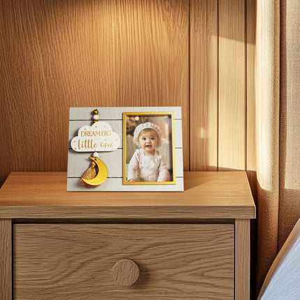 Wooden Baby Photo Frame with Cloud, Moon, and Star Decorations - Cute Home Decor for Nursery or Baby Room