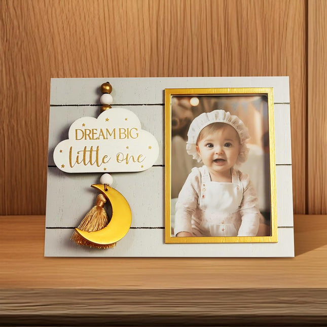 Wooden Baby Photo Frame with Cloud, Moon, and Star Decorations - Cute Home Decor for Nursery or Baby Room