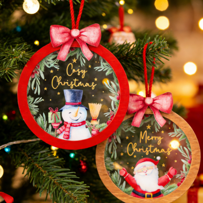 SANTA & SNOWMAN ROUND CHRISTMAS HANGING ORNAMENT2ASST